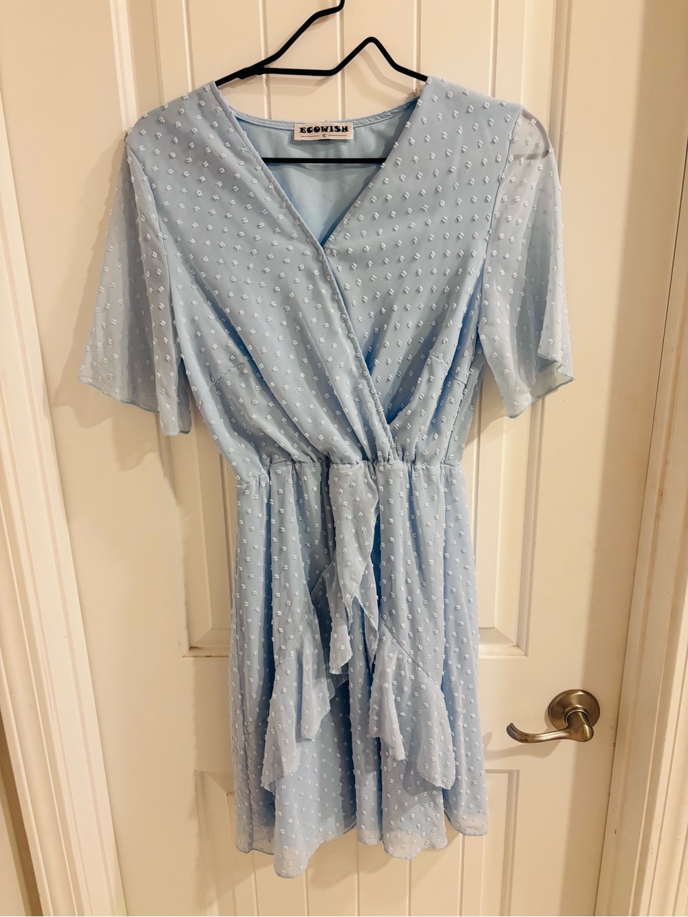 Ecowish Light Blue Swiss Dot Wrap Mini Dress
